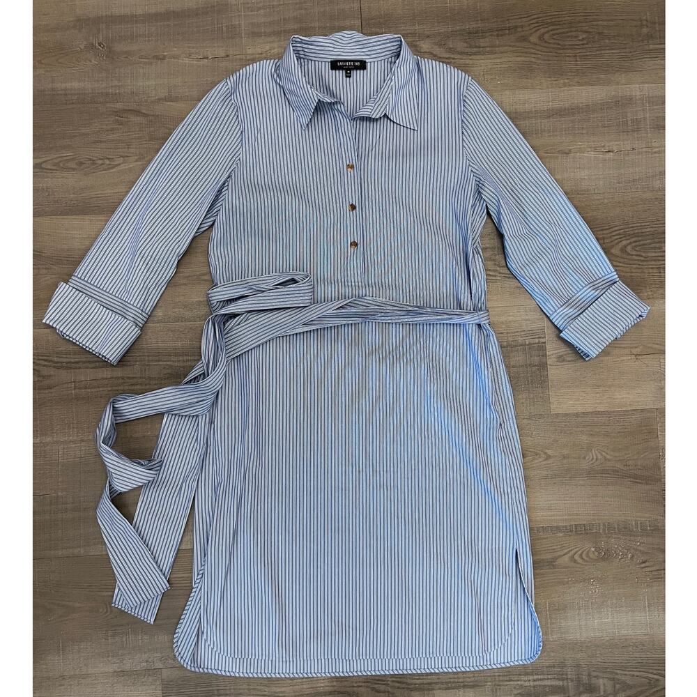 Lafayette 148 Striped Stretch Cotton Belted Shirt Dress